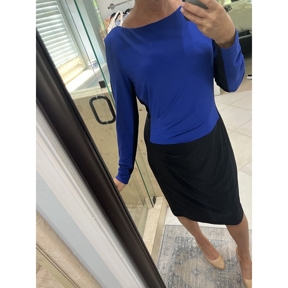Lauren Ralph Lauren Dress Womens 14 Blue Black Colorblock Ruched Faux Wrap Midi